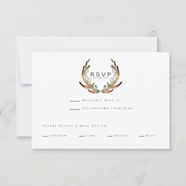 Reserve A Data Rustic Antler Watercolor | RSVP | Casamento (Frente)