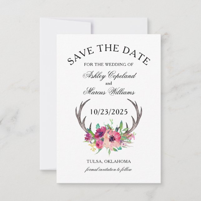 Reserve A Data Rustic Antlers Boho Floral Foto Salva Data (Frente)