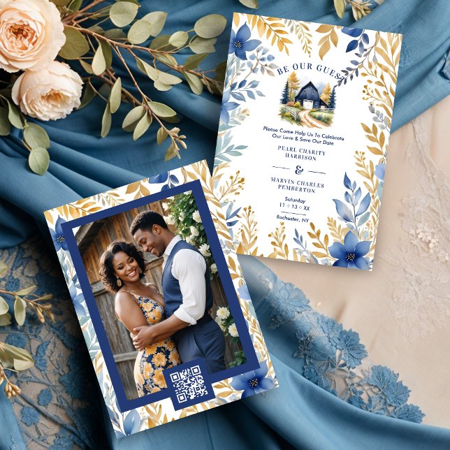 Reserve A Data Rustic Barn Botanical Blue Leaves & Branches Frame (Exquisite Rustic Barn Classic Farmhouse Style Wedding Save the Date Cards.)