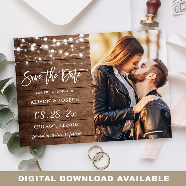 Reserve A Data Rustic Barn Wood String Luzes De Casamento Foto (Criador carregado)