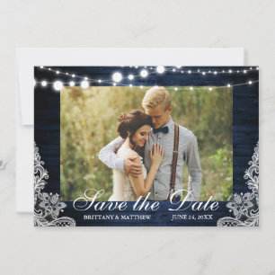 Reserve A Data Rustic Blue Wood String Luz Lace Foto