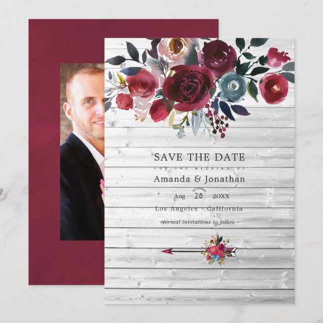 Reserve A Data Rustic Boho Chic Burgundy e Marinho Floral Weding (Frente/Verso)
