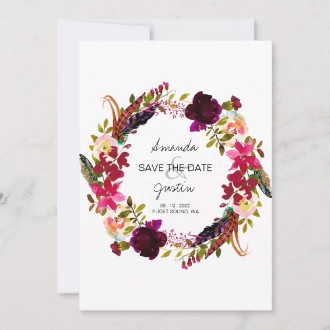 Reserve A Data Rustic Boho Floral Wreath Salva A Data Casamento (Frente)