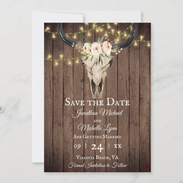 Reserve A Data Rustic Boho Skull e Luzes sobre Casamento de Madei (Frente)