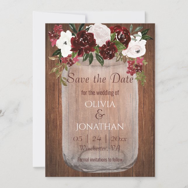Reserve A Data Rustic Burgundy Floral Mason Jar Wedding (Frente)