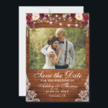 Reserve A Data Rustic Burgundy Floral Wood Luz Lace Foto<br><div class="desc">Rústica Corda de Madeira Luzes Aquarela Borgonha Floral,  rosas burguentos,  rosas cor-de-rosa e rendas verdes Casamento Guardar o Cartão de Data</div>