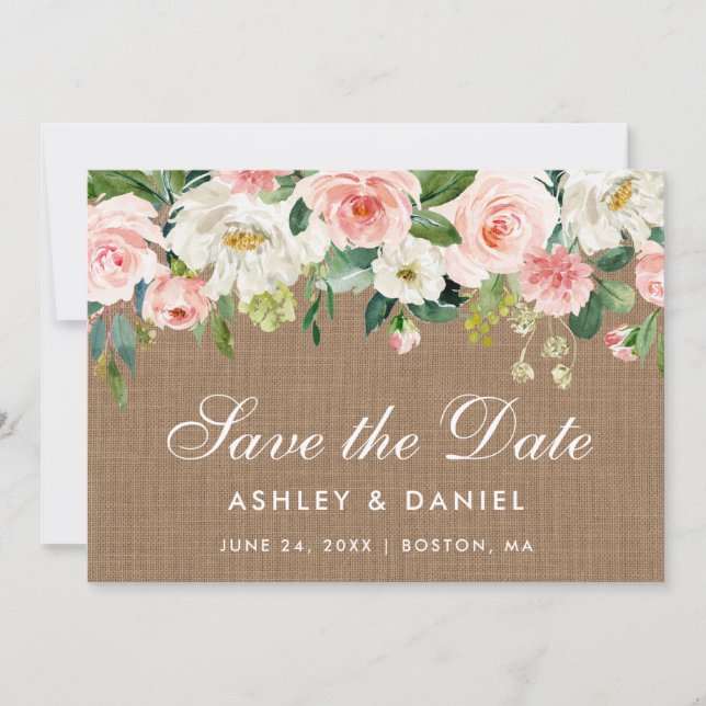 Reserve A Data Rustic Burlap White Floral Cor-De-Rosa Salva A Fic (Frente)