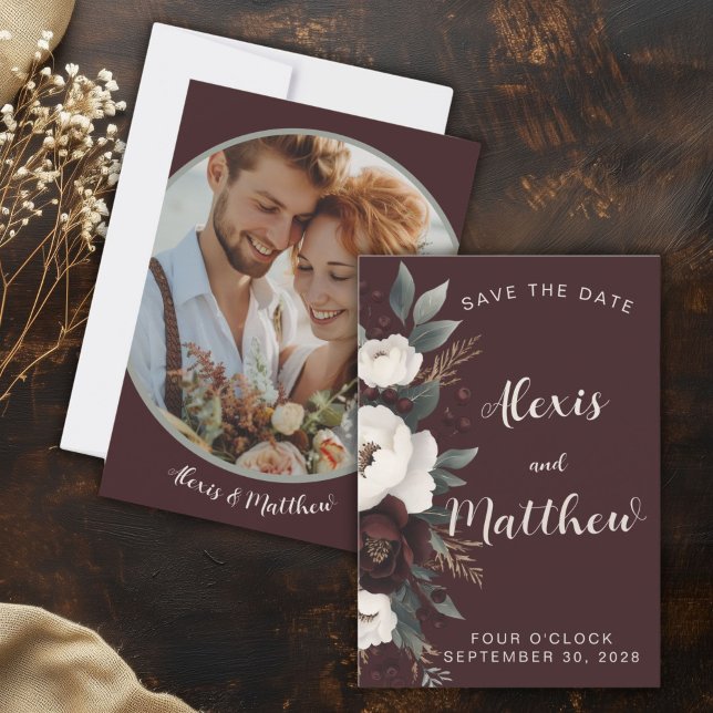 Reserve A Data Rustic Elegance Burgundy Floral Salvar A Data (Rustic Wedding Burgundy Winter Save The Date)