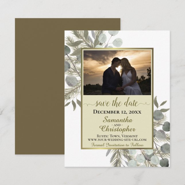 Reserve A Data Rustic Eucalyptus & Pine c/ Foto Dourada Casamento (Frente/Verso)