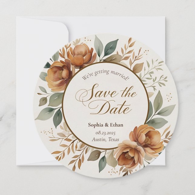 Reserve A Data Rustic Fall Floral Round Salvar a Data Casamento (Frente)