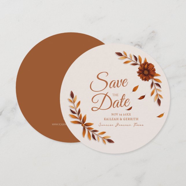 Reserve A Data Rustic Fall Leaves Burnt Sienna Beige Wedding (Frente/Verso)