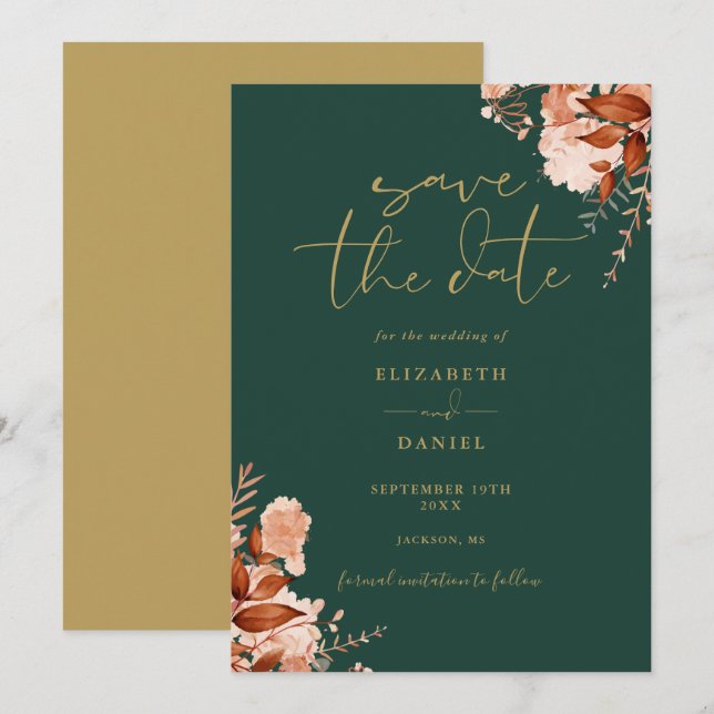 Reserve A Data Rustic Floral Emerald Green E Dourado Casamento (Frente/Verso)