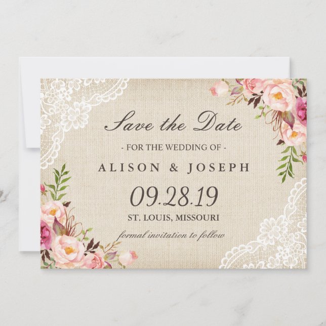 Reserve A Data Rustic Floral Lace Ivory Burlap Salvar Data (Frente)