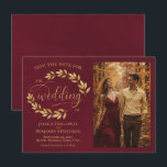 Reserve A Data Rustic Golden Leaves on Burgundy Photo Wedding<br><div class="desc">This beautiful wedding Save the Date card features a rustic burgundy and gold colored design with modern script lettering and a sprigs of hand painted golden watercolor leaves, vines, or foliage. There is space for your photo, the couple's name & wedding location. Elegant, stylish, and chic, this card is a...</div>