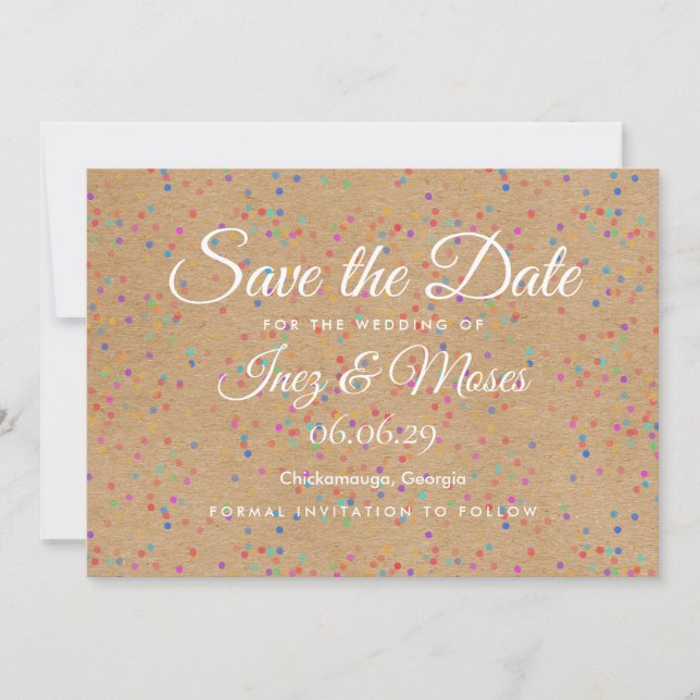 Reserve A Data Rustic Kraft Confetes Arco-íris Save the Date (Frente)