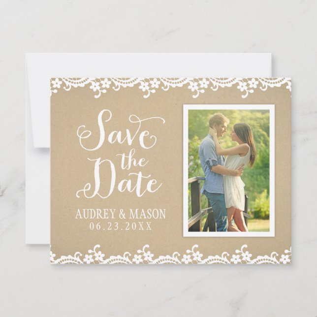 Reserve A Data Rustic Kraft e Lace Wedding Foto (Frente)