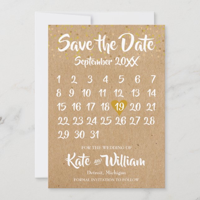 Reserve A Data Rustic Kraft Love Heart Calendar Salvar Data (Frente)