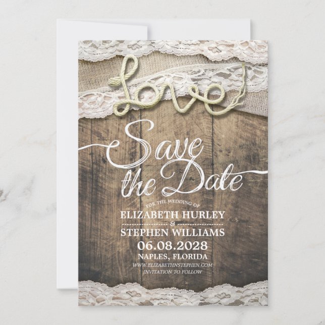 Reserve A Data Rustic Love Rope Burlap Casamento Salva A Data (Frente)