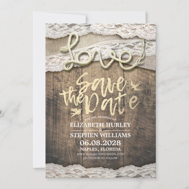 Reserve A Data Rustic Love Rope Burlap Casamento Salva A Data (Frente)