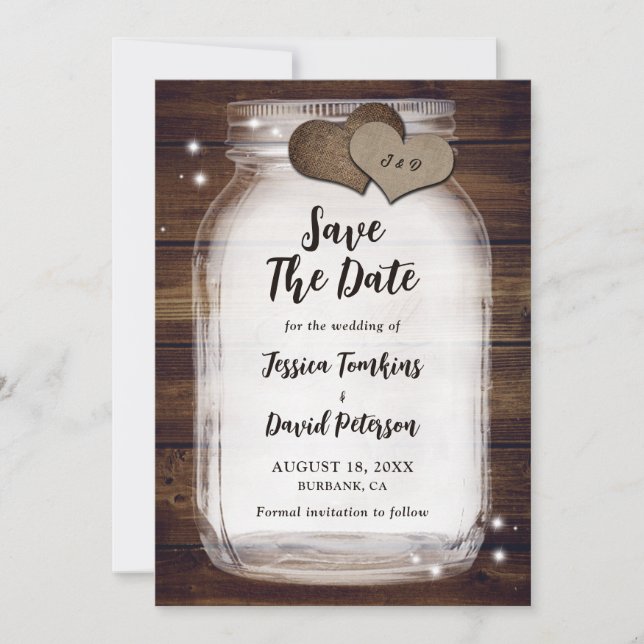 Reserve A Data Rustic Mason Jar Burlap Hearts Monograma Wedding (Frente)