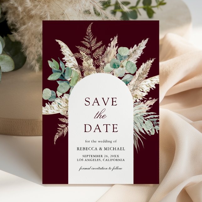 Reserve A Data Rustic Pampas Eucalyptus Arch Burgundy Wedding (Criador carregado)