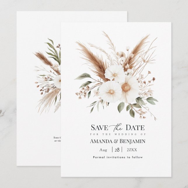 Reserve A Data Rustic Pampas Grass Boho Bohemian Wedding QR Code (Frente/Verso)