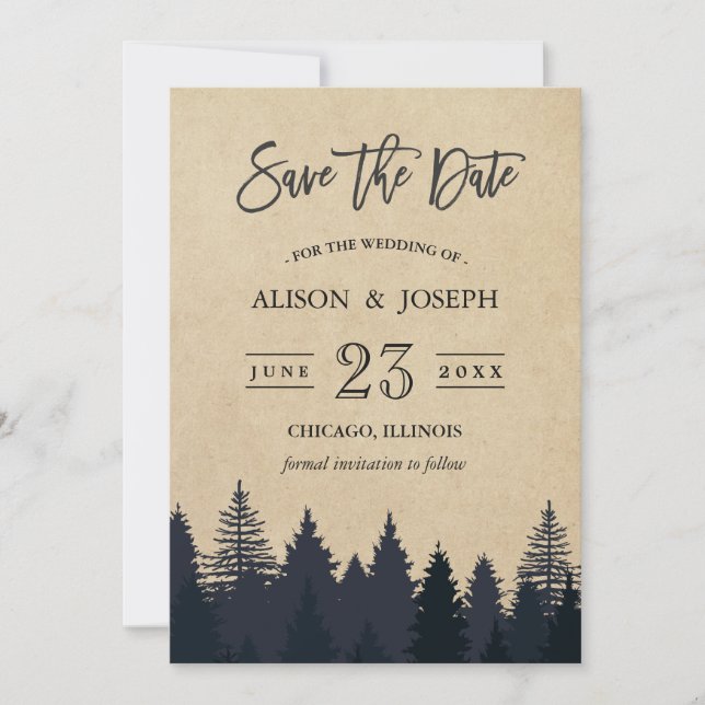 Reserve A Data Rustic Pine Trees Kraft Casamento Salva Data (Frente)