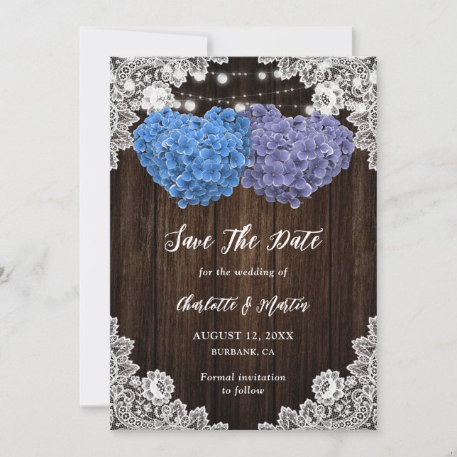 Reserve A Data Rustic Purple Blue Hydrangea Rustic Wood Wedding (Frente)