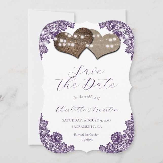Reserve A Data Rustic Purple Floral Lace Burlap Hearts Wedding (Frente)