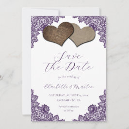 Reserve A Data Rustic Purple Floral Lace Burlap Hearts Wedding