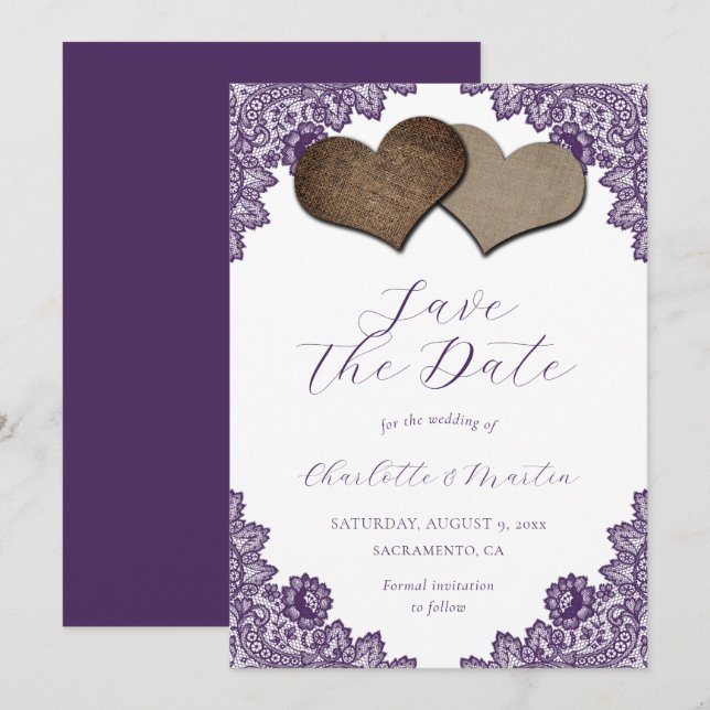 Reserve A Data Rustic Purple Floral Lace Burlap Hearts Wedding (Frente/Verso)