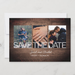 Reserve A Data Rustic Save the Date 3-Photo Collage Wood Casament