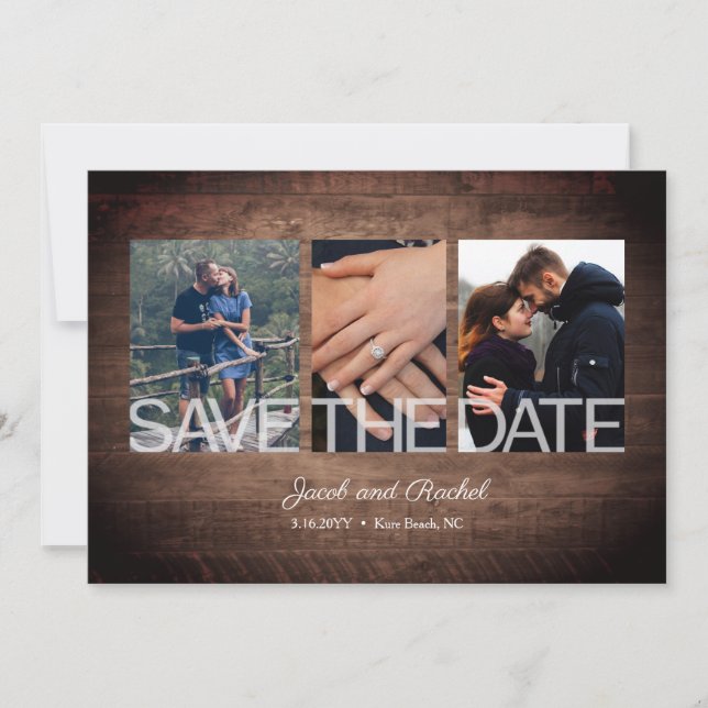 Reserve A Data Rustic Save the Date 3-Photo Collage Wood Wedding (Frente)