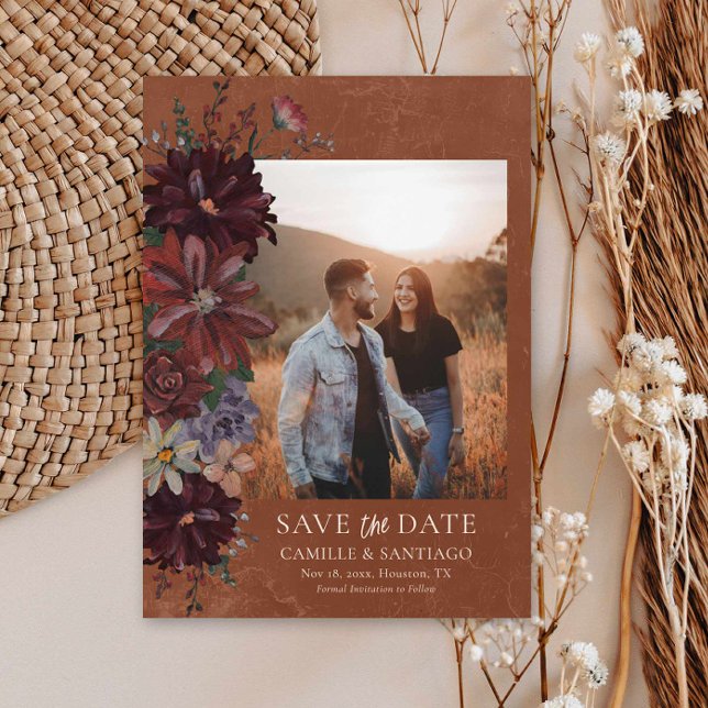 Reserve A Data Rustic Terracotta Floral Photo Save the Date Card (Moody Terracotta Floral Photo Save the Date Card)