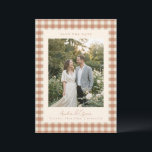 Reserve A Data Rustic Terracotta Gingham Plaid Photo Wedding<br><div class="desc">This save the date card features a favorite couple photo framed by a soft gingham border with the couple’s names, wedding date, and location below. The warm neutral pattern adds a relaxed, charming touch while keeping the focus on your engagement photo. The back can include a wedding website or QR...</div>