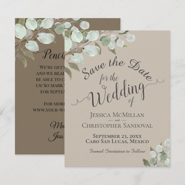 Reserve A Data Rustic Watercolor Eucalyptus Sai Do Casamento De T (Frente/Verso)