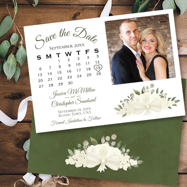 Reserve A Data Rustic White Roses Boho Calendar e Foto Casamento (In Situ Front/Back)