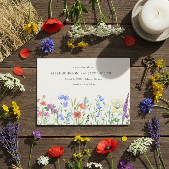 Reserve A Data Rustic Wildflower Meadow Wedding Photo  (Rustic Wildflower Meadow Wedding Photo Save The Date)