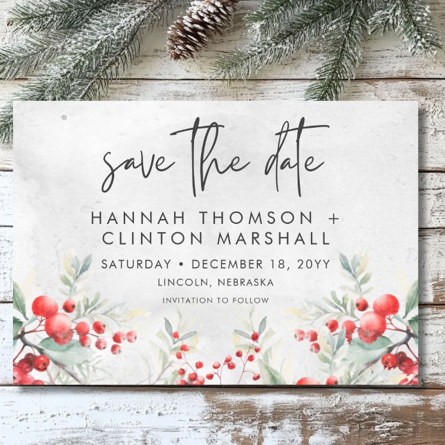 Reserve A Data Rustic Winter Holly & Pine Wedding (Rustic Winter Holly & Pine Wedding Save The Date)