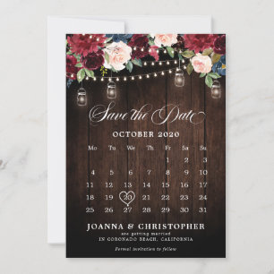 Reserve A Data Rustic Wood Burgundy Floral Mason Jar Calendário