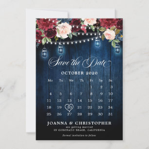 Reserve A Data Rustic Wood Burgundy Floral Mason Jar Calendário