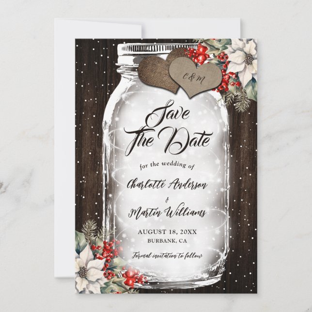 Reserve A Data Rustic Wood Holly Berries Mason Jar Winter Wedding (Frente)