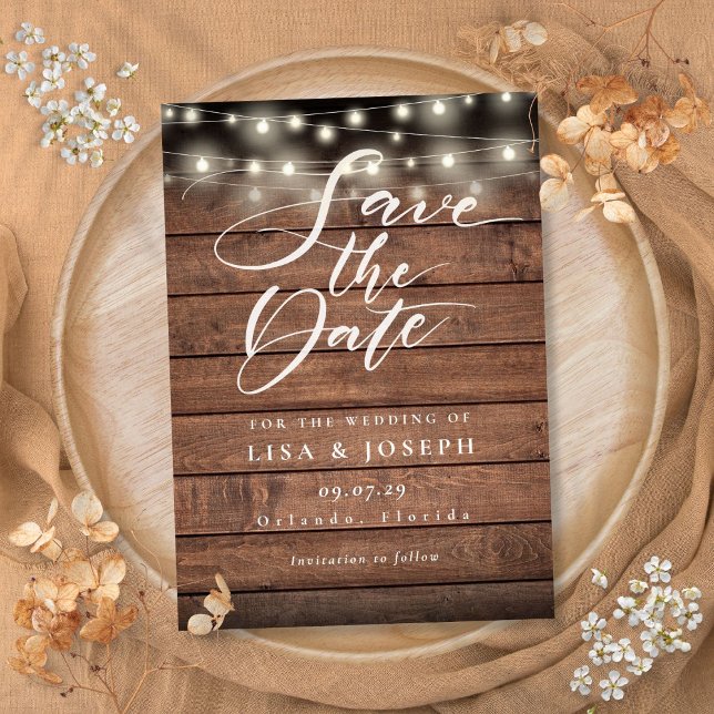 Reserve A Data Rustic Wood String Luz Casamento Salve a Data (Rustic Wood String Lights Wedding Save the Date)