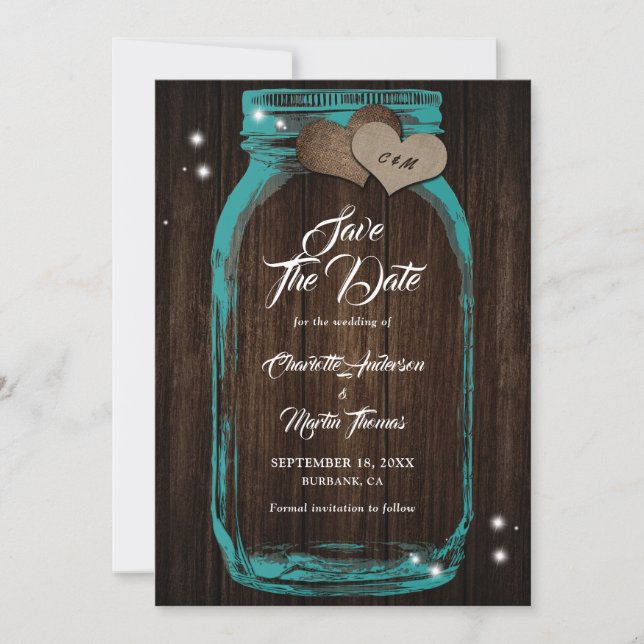 Reserve A Data Rustic Wood Teal Mason Jar Wedding (Frente)