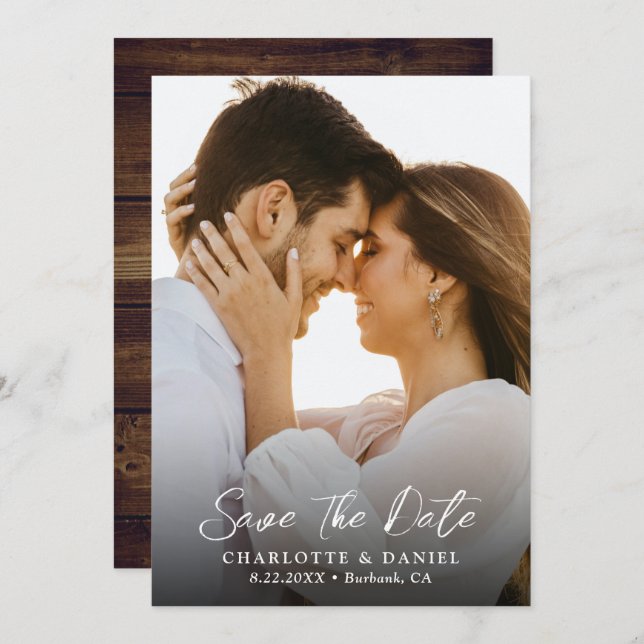 Reserve A Data Rustic Wood Weding Photo Save The Date Card (Frente/Verso)