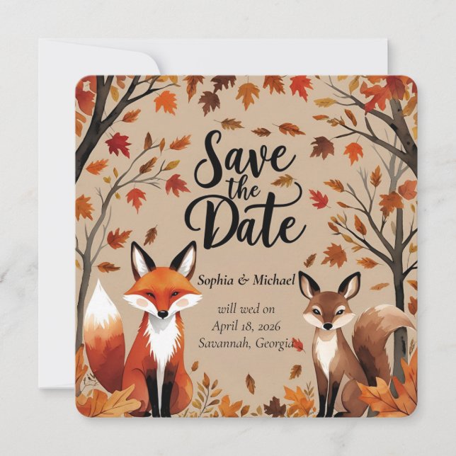 Reserve A Data Rustic Woodland Fox Autumn Salvar a Data Casamento (Frente)