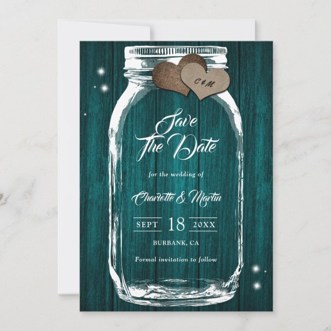 Reserve A Data Rústica Country Teal Wood Hearts Mason Jar Wedding (Frente)
