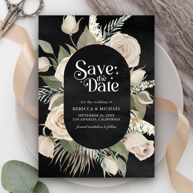 Reserve A Data Rústico Boho Rosas Marfim Salvia Preto Casamento (Criador carregado)