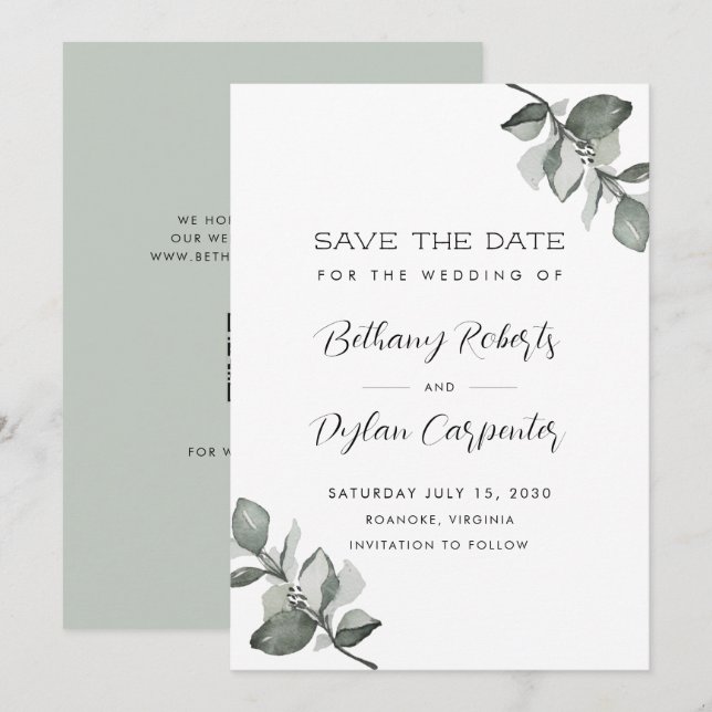 Reserve A Data Sage Aquarela Eucalipto Código QR Casamento (Frente/Verso)