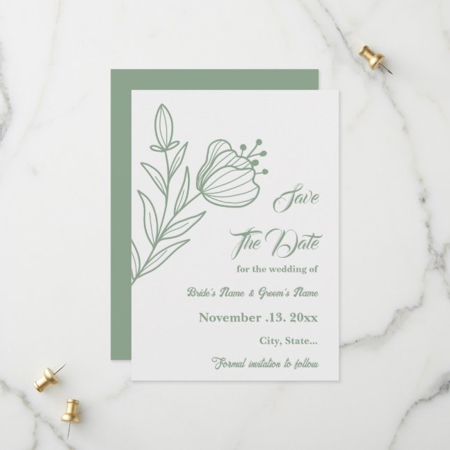 Reserve A Data Sage elegante romântico casamento floral verde (Frente/Verso In Situ)